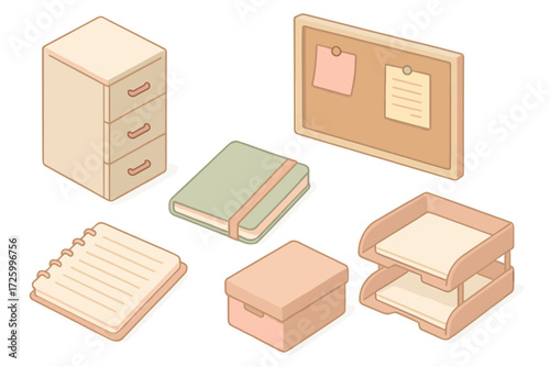 Cozy Office Essentials. Isometric vector illustration set of cozy home office organization: filing cabinet, corkboard, notebook,