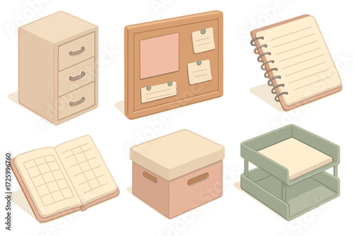 Cozy Office Essentials. Isometric vector illustration set of cozy home office organization: filing cabinet, corkboard, notebook,