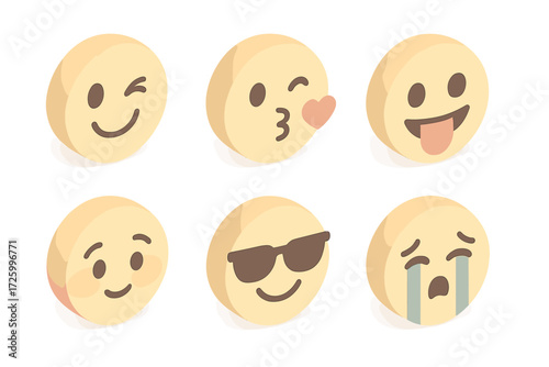 Cute Emoji Faces. Isometric vector illustration set of cute round emoji faces: winking eye, blowing kiss heart, tongue out playful