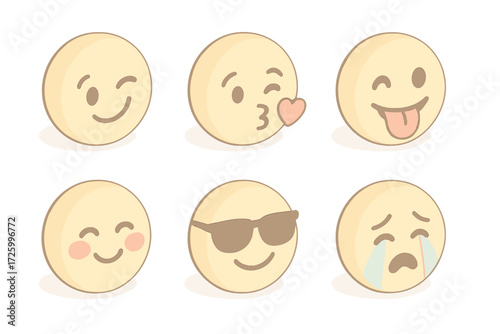 Cute Emoji Faces. Isometric vector illustration set of cute round emoji faces: winking eye, blowing kiss heart, tongue out playful