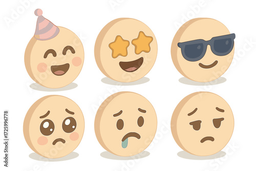 Emoji Faces Celebration. Isometric vector illustration set of simple emoji faces: party hat celebration, star eyes, cool