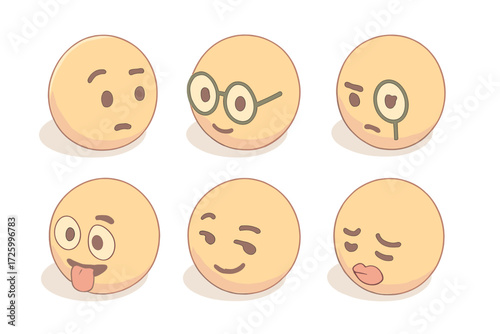 Cute Pastel Emojis. Isometric vector illustration set of cute round emoji faces: curious raised eyebrow, nerd glasses, monocle