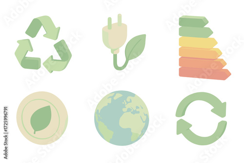 Sustainable Energy Icons. Isometric vector illustration set of sustainable energy symbols: recycling arrows, eco plug, energy