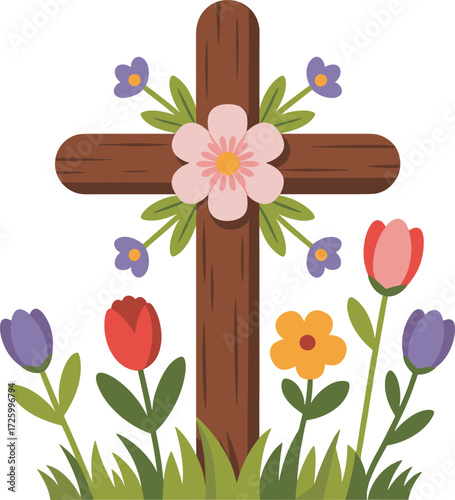 Wooden cross adorned with spring flowers and green grass