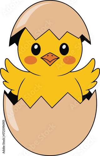 Adorable cartoon chick hatching from a cracked eggshell