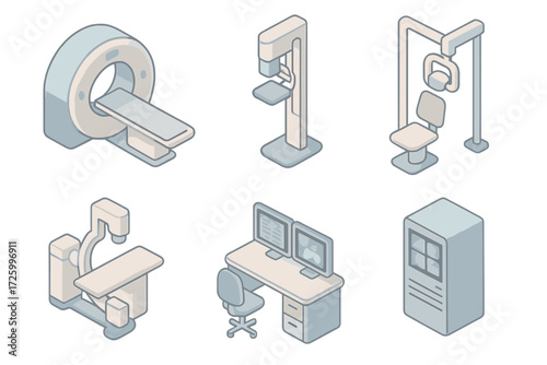 Imaging Technology Icons. Isometric vector illustration set of imaging technology: CT scanner, mammography machine, dental X-ray
