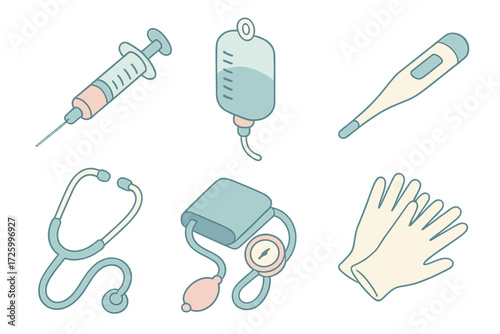 Urgent Care Tools. Isometric vector illustration set of urgent care tools: syringe, IV drip, thermometer, stethoscope, blood