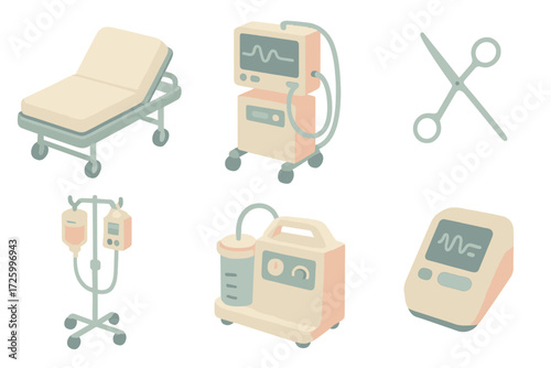 Emergency Equipment Icons. Isometric vector illustration set of emergency hospital equipment: ER bed, ventilator, infusion pump,