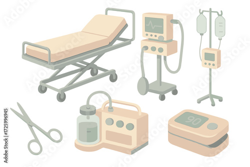 Emergency Equipment Icons. Isometric vector illustration set of emergency hospital equipment: ER bed, ventilator, infusion pump,