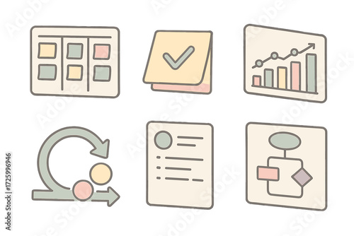 Agile Tools Illustration. Isometric vector illustration set of Agile tools: Kanban board, sticky note task, velocity chart, story