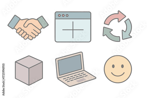 Agile Values Icons. Isometric vector illustration set of Agile values and principles: collaboration handshake, transparency window
