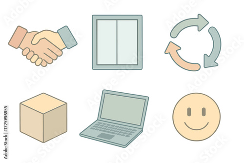 Agile Values Icons. Isometric vector illustration set of Agile values and principles: collaboration handshake, transparency window