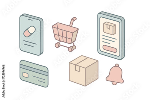 Online Pharmacy Icons. Isometric vector illustration set of online pharmacy service: smartphone with medicine app, shopping cart