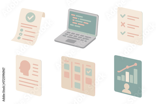 Skill Test Icons. Isometric vector illustration set of assessment and testing: skill test paper, coding laptop, multiple choice