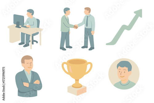 Successful Hiring Icons. Isometric vector illustration set of successful hiring outcome: employee at desk, team handshake, career