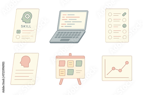 Skill Test Icons. Isometric vector illustration set of assessment and testing: skill test paper, coding laptop, multiple choice