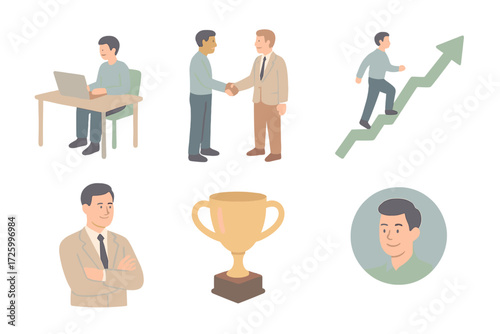 Successful Hiring Icons. Isometric vector illustration set of successful hiring outcome: employee at desk, team handshake, career