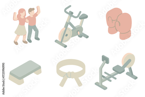 Minimal Fitness Icons. Isometric vector illustration set of minimalist group fitness icons: dance class, spinning bike, boxing