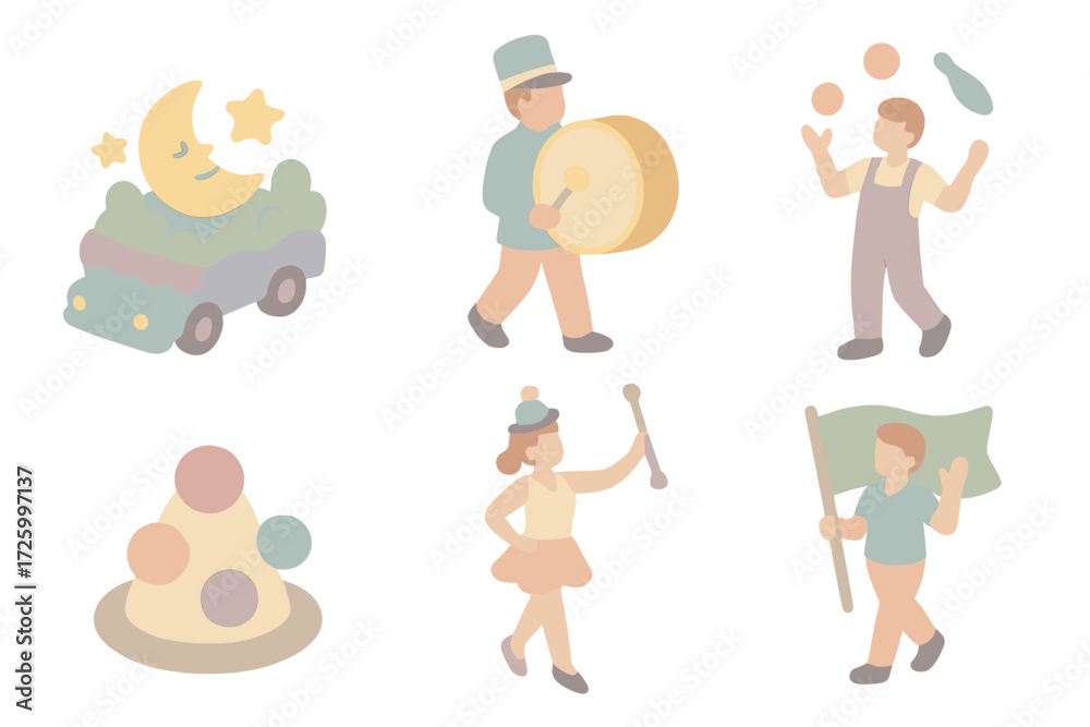Fototapeta premium Carnival Parade Icons. Isometric vector illustration set of carnival parade icons: float car, marching band, juggler, clown hat,