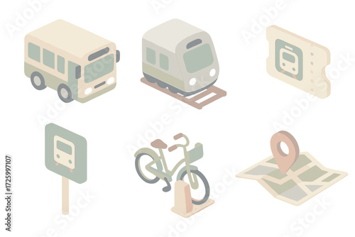 Transport Service Icons. Isometric vector illustration set of transport service icons: bus, train, subway ticket, bus stop sign,