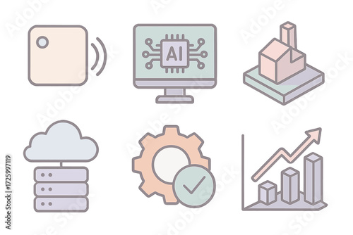 Smart Industry 4.0 Icons. Isometric vector illustration set of smart industry 4.0 icons: IoT sensor, AI screen, digital twin model