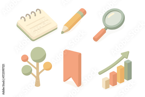 Study Icons Set. Isometric vector illustration set of study and training icons: notepad, pencil, magnifying glass, knowledge tree,