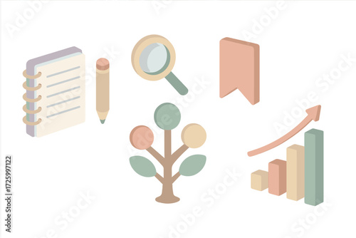 Study Icons Set. Isometric vector illustration set of study and training icons: notepad, pencil, magnifying glass, knowledge tree,