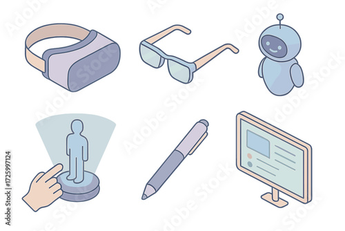 Future E-learning Icons. Isometric vector illustration set of future e-learning icons: VR headset, AR glasses, AI tutor robot,