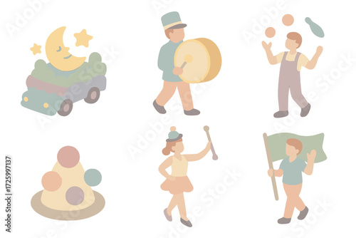 Carnival Parade Icons. Isometric vector illustration set of carnival parade icons: float car, marching band, juggler, clown hat,