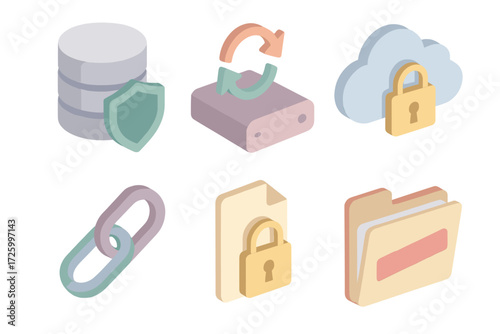 Data Security Icons. Isometric vector illustration set of data security icons: database with shield, backup storage, cloud