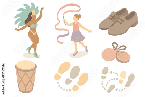 Carnival Dance Icons. Isometric vector illustration set of carnival dance icons: samba dancer, ribbon twirler, tap shoes, rhythm