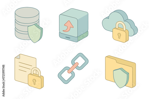 Data Security Icons. Isometric vector illustration set of data security icons: database with shield, backup storage, cloud