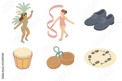 Carnival Dance Icons. Isometric vector illustration set of carnival dance icons: samba dancer, ribbon twirler, tap shoes, rhythm