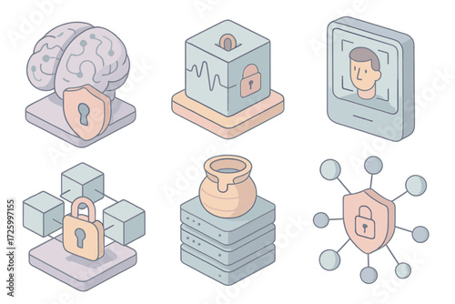 Advanced Cyber Defense Icons. Isometric vector illustration set of advanced cyber defense icons: AI security brain, quantum