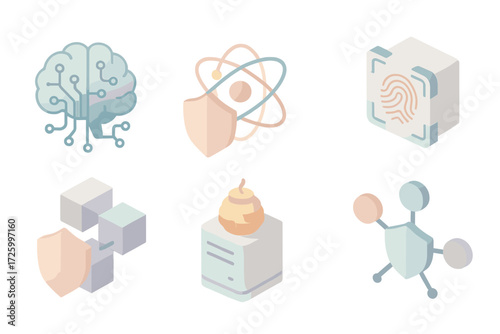 Advanced Cyber Defense Icons. Isometric vector illustration set of advanced cyber defense icons: AI security brain, quantum