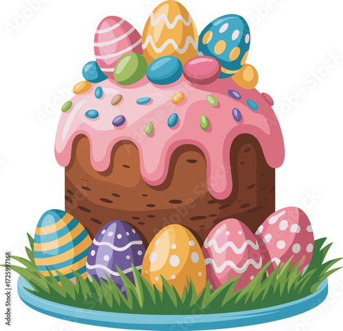 Festive easter cake adorned with colorful eggs and sprinkles