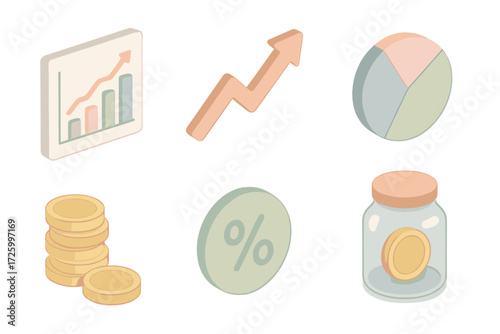 Financial Icons Set. Isometric vector illustration set of financial performance icons: revenue chart, profit growth arrow,