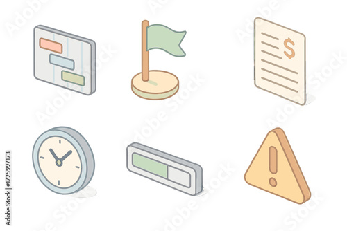 Project Management Icons. Isometric vector illustration set of project performance icons: Gantt chart, milestone flag, budget