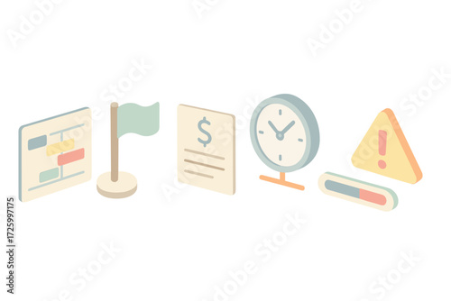 Project Management Icons. Isometric vector illustration set of project performance icons: Gantt chart, milestone flag, budget