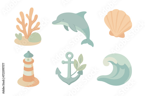 Marine Protection Icons. Isometric vector illustration set of marine protection icons: coral reef, dolphin, seashell, lighthouse,