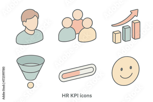 HR KPI Icons. Isometric vector illustration set of HR KPI icons: employee profile, team group icon, turnover chart, hiring funnel,