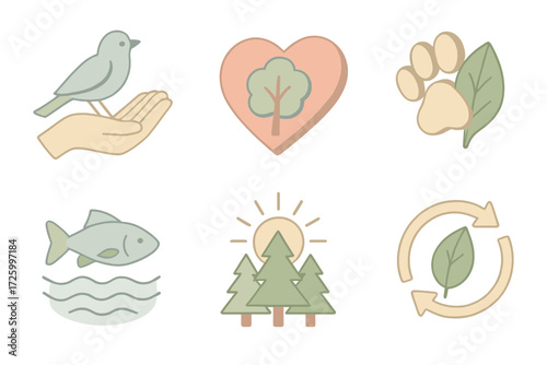 Nature and Harmony Icons. Isometric vector illustration set of harmony with nature icons: human hand with bird, heart with tree,