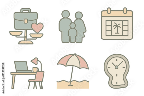 Work-Life Balance Icons. Isometric vector illustration set of work-life balance icons: scales with briefcase and heart, family