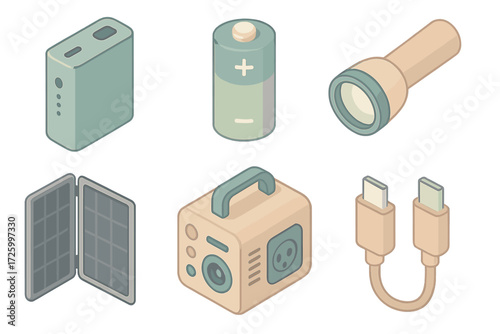 Portable Power Icons. Isometric vector illustration set of portable power icons: power bank, rechargeable battery pack, flashlight