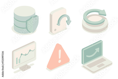 Data Safety Icons. Isometric vector illustration set of data safety icons: database with shield, backup drive, recovery arrow,