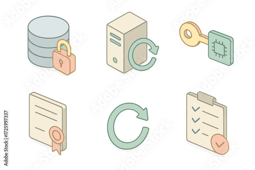 Data Protection Icons. Isometric vector illustration set of data protection icons: database with lock, backup server, encryption