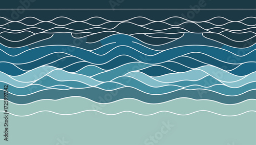 Abstract flowing waves in shades of blue and teal with white outlines