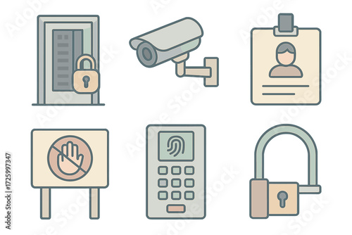 Network Security Icons. Isometric vector illustration set of physical network security icons: server room door with lock, CCTV