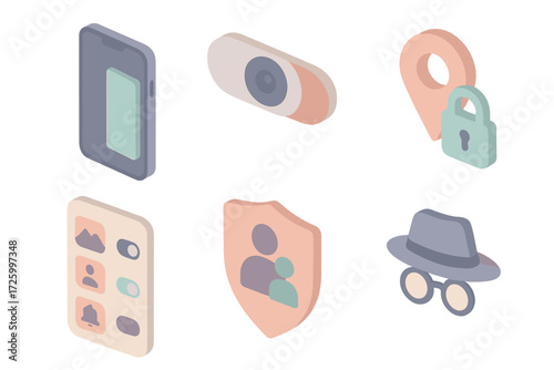 Personal Safety Icons. Isometric vector illustration set of personal safety icons: smartphone privacy screen, webcam cover,