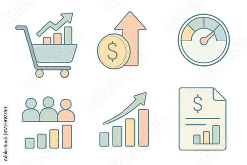 Sales KPI Icons. Isometric vector illustration set of sales KPI icons: shopping cart with chart, revenue arrow, conversion rate